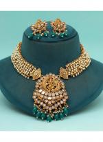   Wedding Wear  Green Color Matte Gold Rajwadi Temple Necklace Set